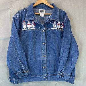 VTG Storybook Knits Womens XXL Denim Jacket Snowman  Christmas Let It Snow